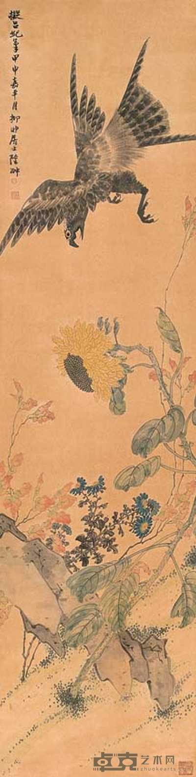 陆抑非 花鸟 立轴 169x44cm